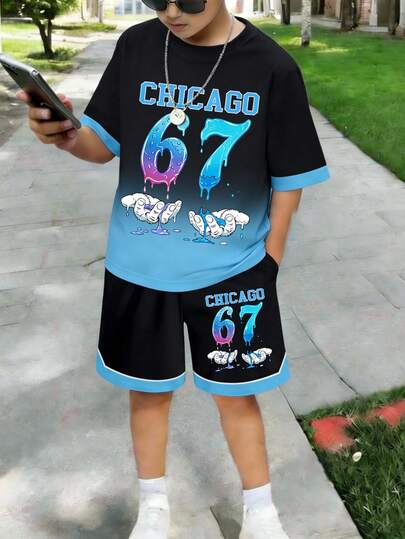 Bộ 2 món áo thun ngắn tay cổ tròn và quần short kiểu ombre cho bé trai, thích hợp cho mùa xuân/hè.