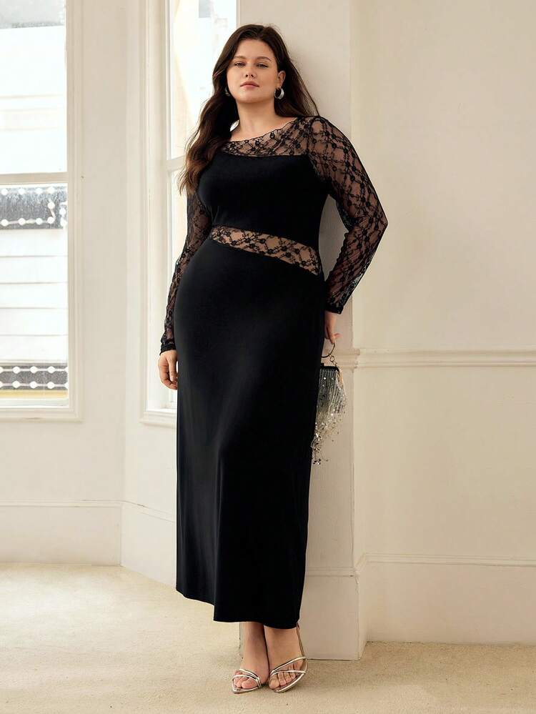 PLUS SIZE FITTED CONTRAST LACE HOLLOW-OUT LONG DRESS, SPRING/SUMMER