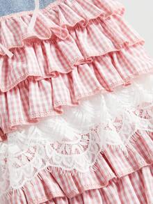 ROMWE Kawaii 女士口袋纽扣格子蕾丝兔子吊坠蝴蝶结牛仔喇叭裤 - 淺色水洗藍 - 查看 4