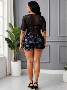 Maweii Plus Size 3pcs/Set Punk Skull & Rose Print Tankini Set With Cover-Up Top, Summer, Halloween - Multicolor - View 2