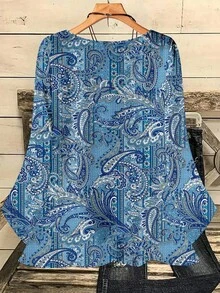 Mellowie Blusa holgada de cuello redondo de manga 3/4 con estampado integral para mujer de talla grande para otoño e invierno - Azul - Ver 2
