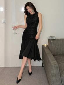 Dazy Tall 高个女式无袖纹理面料拼接连衣裙 - 黑色 - 查看 1