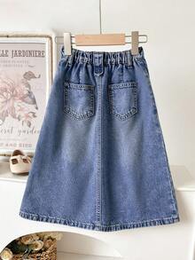 SHEIN Girls' Mid-Blue Washed Denim Elastic Waist Casual Skirt, Comfortable Soft Fabric, Suitable For Spring, Summer, Holidays, Outdoor Wear - Medium Wash - View 2