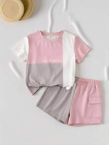 SHEIN Young Boys' Color Block Letter Print Round Neck Short Sleeve T-Shirt And Shorts Set,Casual Comfortable Soft Fabric Summer Beach Outfits,Daily Wear - Multicolor - View 1