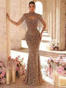 Glamrae Chân váy đuôi cá bằng vải lưới thêu đính sequin và tua rua sang trọng, thanh lịch, thích hợp cho đám cưới, tiệc tùng, ngày lễ, sự kiện trang trọng (trang trí cầu kỳ). - màu nâu - Xem 1