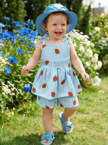 SHEIN Playful Pals 2件套女婴幼儿/新生儿0-3岁休闲日常可爱度假条纹蝴蝶结装饰吊带背心+短裤套装，春夏款 - 藍色 - 查看 4