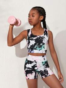SHEIN Bộ đồ 2 món cho bé gái tuổi teen, gồm áo tank top dệt kim trơn, lưng khoét rỗng và quần short đạp xe, thích hợp cho yoga, ngày hội thể thao, đi học. - Nhiều màu - Xem 5