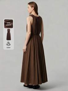 Ontre 女士深咖啡棕色舒适亲肤高品质亚麻竹纤维面料圆领无袖露背褶裥A字连衣裙，带口袋，低调复古风，优雅度假休闲风，时尚都市通勤风，高品质机场时尚，四季皆宜的荷叶边棕色连衣裙，度假装扮，女士沙滩装，四季皆宜的明星同款超大喇叭裙摆飘逸浪漫舒适的棕色连衣裙，无袖长款连衣裙，度假装，女士夏季连衣裙 - 咖啡棕 - 查看 3