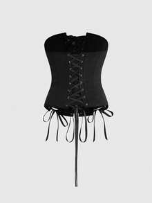 ROMWE Avant Sexy Contrast Lace Crisscross Bustier Top - Black - View 4