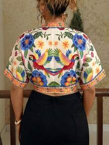 Travachic 女士V领蝴蝶结短袖宽松露脐上衣，热带植物印花，优雅百搭，适合日常穿着、度假、海滩、春夏穿着，大码可选 - 彩色 - 查看 2
