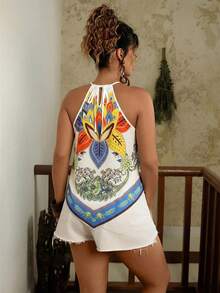 Travachic Plus Size Bohemian Casual Vacation Spring/Summer Tropical Beach Spaghetti Strap Sleeveless Loose Shoulder Strap Tank Top For Women - Multicolor - View 2