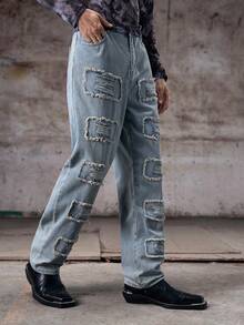 休闲简约做旧洗水长牛仔裤，Emo风格 - 藍色 - 查看 5