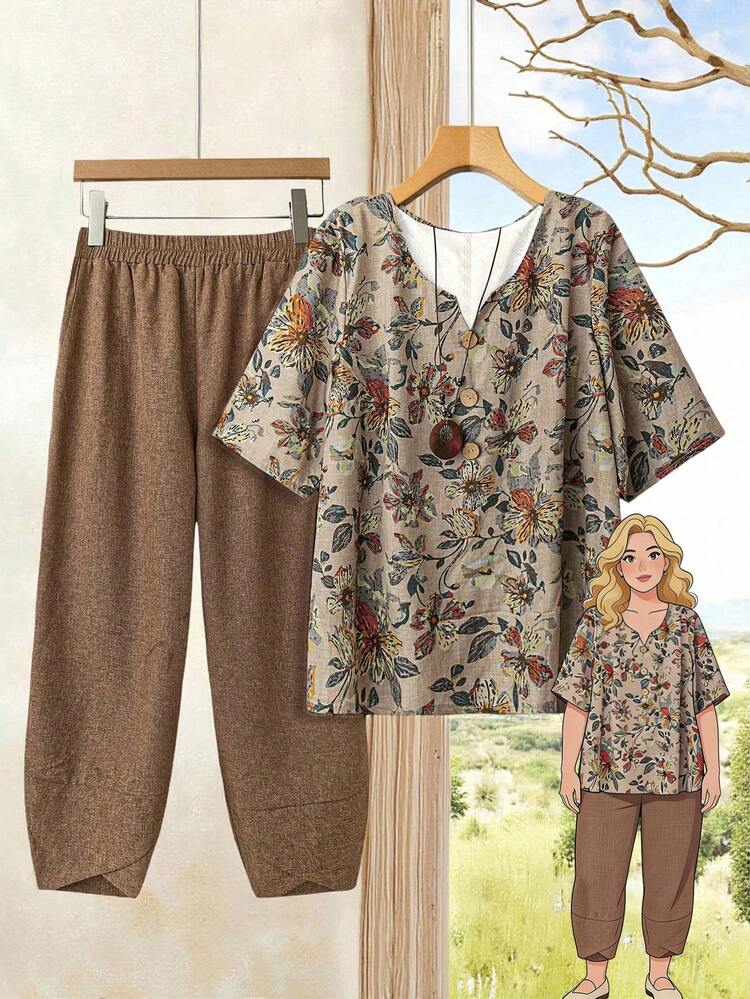 2 pièces Ensemble chemise et pantalon imprimé couleur kaki pour femmes grandes tailles, idéal pour les vacances au début du printemps