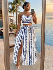 SHEIN Lady CURVE 2pcs Plus Size Spaghetti Strap Top And Skirt Set, Fashionable For Summer,Vacation Outfits Woman,2 Pieces Summer Outfit - Blue - View 4