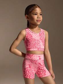 SHEIN Light Pink Summer Gym Tank Top And Shorts Set For Young Girls,Cute Printed Soft Stretchy Fabric Activewear For Playtime,Casual Outings&Light Activity - Pink - View 4