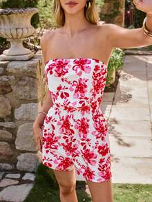 KARISMINA Bộ áo liền quần quây ngực in họa tiết, kiểu dáng thanh lịch, lãng mạn, thích hợp cho nữ, phù hợp cho kỳ nghỉ xuân/hè. - Đỏ và trắng - Xem 2