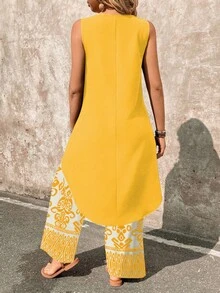 EMERY ROSE Set de 2 piezas con parte superior sin mangas de dobladillo alto-bajo de unicolor y pantalones de pierna ancha con estampado geométrico para mujer, ideal para vacaciones - Amarillo - Ver 2