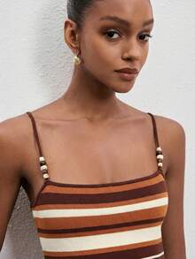 ATUI Studio Women Striped Minimalist Casual Camisole Sweater Dress - Brown - View 3