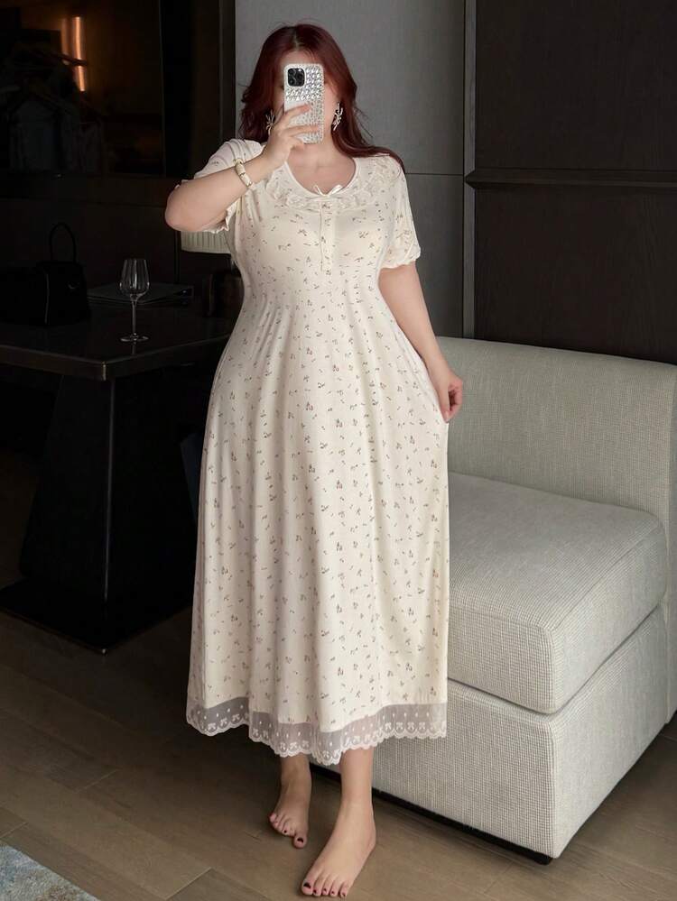 Dazy Plus Contrast Lace Short Sleeve Ditsy Floral Loose Casual Long Nightgown, Plus Size Women Home Dress Summer