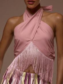 MUSERA Top con cuello halter cruzado, con flecos y espalda baja, sexy, lindo, para vacaciones, salidas, ocasiones, Ibiza, elegante, atardeceres - Rosado Sandía - Ver 2