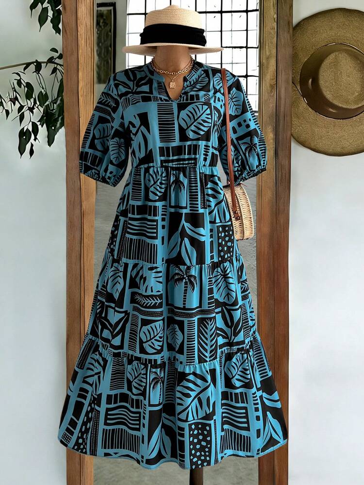 Plus Size Summer Vacation Allover Print Keyhole Neck Petal Sleeve Dress