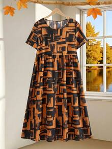 Rusticease Vestido casual de fiesta con pliegues y estampado geométrico para mujer de talla grande - Naranja - Ver 9