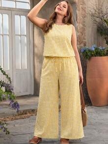 EMERY ROSE 大码女式休闲度假黑白格子圆领无袖上衣衬衫背心和阔腿裤两件套，带口袋 - 彩色 - 查看 5