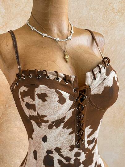 Soleia Áo liền thân hai dây in họa tiết bò sữa thời trang dành cho nữ mùa hè