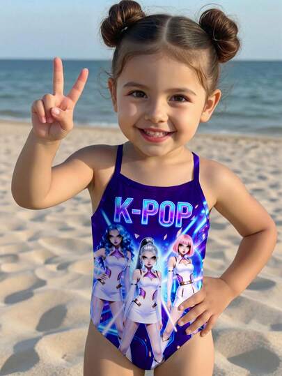 SHEIN Bộ đồ bơi liền thân cho bé gái kiểu dáng tối giản, màu tím nhiều màu sắc, in hình nhóm hoạt hình các bé gái, thích hợp cho mùa hè.