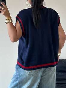 POPSWAY 大尺碼女款 Y2K 復古街頭風海軍藍刺繡愛心 V 領無袖針織背心開襟衫，夏季休閒校園返校穿搭 - 寶藍色 - 查看 3