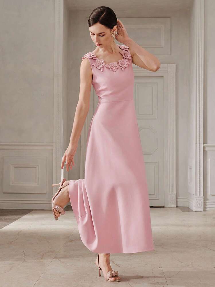Women's New Elegant Pink Princess Dress, Sleeveless Round Neck 3D Floral Decor, Elegant Sun Skirt Waist Slimming Long Dress, Suitable For Party, Gathering, Date