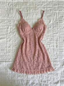 Elamini 女士蕾丝拼接荷叶边V领修身连衣裙 粉色 女士夏季服装 舞会礼服 女士连衣裙 可爱性感连衣裙 漂亮连衣裙 惊艳连衣裙 - 粉色 - 查看 3