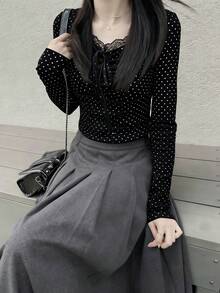 Dazy Tall Tall Women's Casual Polka Dot & Lace Patchwork Long Sleeve T-Shirt - Black and White - View 3