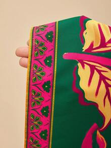 Travachic 大码女式V领七分袖短袖不对称热带植物印花宽松长连衣裙，优雅日常穿着，春夏度假连衣裙，春夏女装 - 綠色 - 查看 8