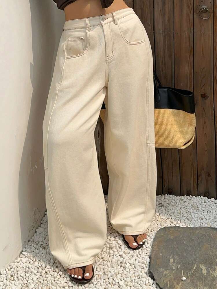 Dazy Plus Plus Size Women's Casual Street Style Patchwork Straight Leg Jeans, White Denim, Spring/Summer Vacation