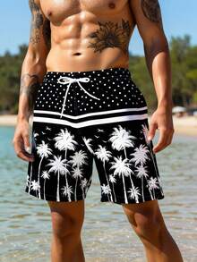 ZELFYO Men's Casual Polka Dot & Coconut Tree Print Beach Shorts - Black - View 3