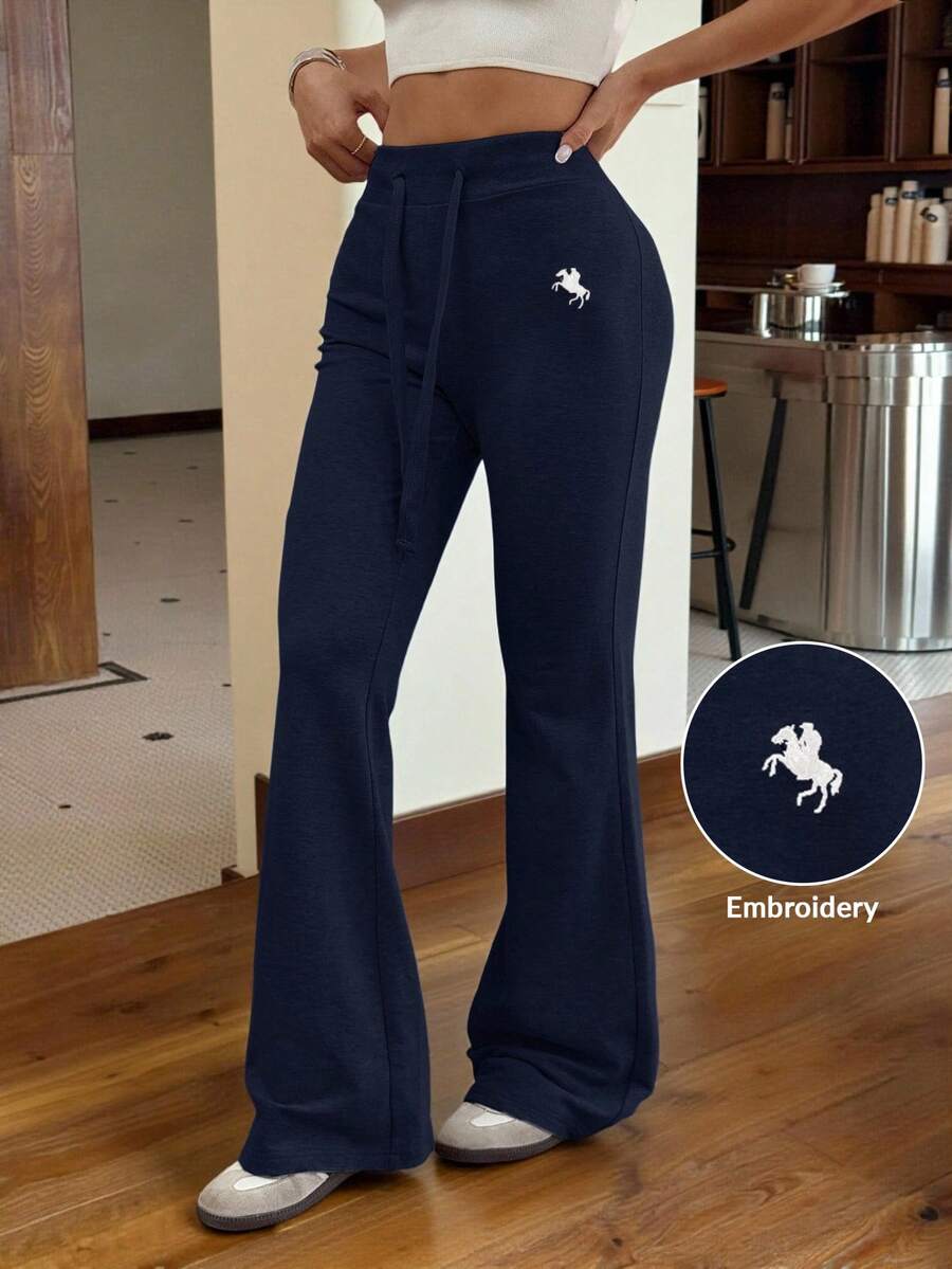 SHEIN EZwear 海军蓝女式刺绣针织喇叭裤 - 藏蓝色 - 查看 1