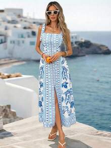 Vivid Eden 女士碎花开衩连衣裙，休闲度假无袖长裙，夏季服装，春季女装，春季女装，海滩度假装，外出装，生日礼服，假日装，蓝白连衣裙，休闲女装，优雅派对假日装，欧洲夏季连衣裙，度假装，女士夏季假日装，夏季女装，连衣裙，女士夏季连衣裙，野餐连衣裙，夏季女装 - 藍白色 - 查看 3