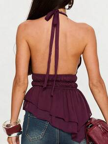 SHEIN BAE 女士茄紫色褶皱露背吊带背心，适合春夏度假、派对、夜店、海滩等场合，性感百搭，褶皱设计 - 中紫紅色 - 查看 6