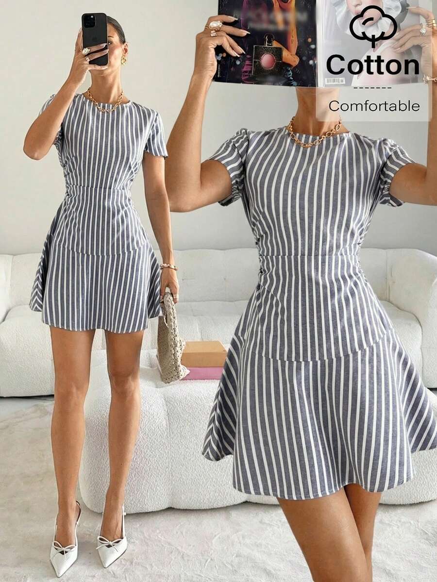 Siren Gaze Đầm ngắn tay cổ tròn kẻ sọc, eo thon, đầm casual cho nữ, đầm ngắn, đầm cotton, đầm cho nữ, đầm kẻ sọc mùa hè, đầm nữ, đầm hè cho nữ, trang phục hè cho nữ, đầm casual nữ, đầm hè cho nữ - Đen và trắng - Xem 1