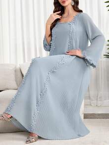 Al Najma Plus Size Women's Solid Color Embroidered Square Neck Elegant Long Sleeve Arabic Style Dress - Blue - View 6