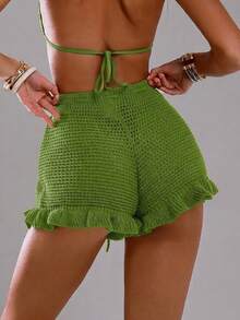 Swim Glamine Women's Solid Color Drawstring Ruffled Hem Knit Cover-Up, Fashionable Summer Beach Sea Green Sexy - Olive Green - View 2
