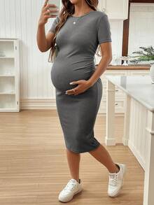 SHEIN 短袖圆领纯色修身孕妇连衣裙 - 深灰色 - 查看 3