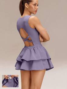 GLOWMODE Game On Buttery-Soft Quick-Dry Cups Removable Shorts Built-In Pockets Side Pockets Squareneck Cutout Back Tiered Tennis Dress Golf Pickleball Gym - Lilac Dream - View 1