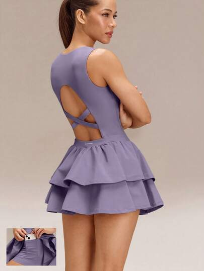 GLOWMODE Vestido de tenis, golf, pickleball, entrenamiento, gimnasio y uso diario casual con copas desmontables, de secado rápido y suave, con bolsillos laterales, escote cuadrado y espalda recortada con volantes