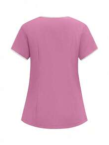 TaskEZ 2 piezas Conjunto de uniforme con top de cuello en V de manga corta y pantalones, uniforme de servicio de limpieza - Rosa - Ver 6