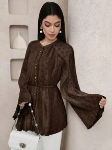 Veilorie New Textured Pleated Tie-Cinched Waist Elegant Versatile Daily Wear & Party Blouse - Brown - View 5