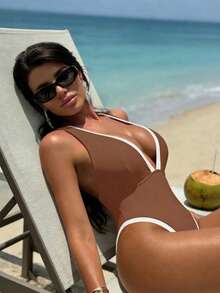 Swim SXY Áo tắm liền thân nữ phối đen trắng, cổ chữ V sâu, dây đeo, thích hợp cho kỳ nghỉ hè ở bãi biển. - màu nâu - Xem 5