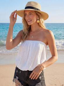 Sylviya 女士镂空提花纹理抹胸褶皱衬衫，休闲优雅街头服饰 - 白色 - 查看 4