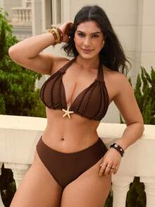 Swim Chiccia Bộ bikini cỡ lớn 2026 mới mùa xuân/hè, màu nâu, dây đeo rộng, họa tiết dây bện hình ngôi sao và quần bơi xếp ly, kiểu dáng thanh lịch. - Cà phê nâu - Xem 5